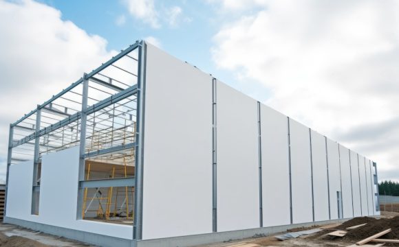 Metal frame of the building with a sandwich panel of insulation on the wall. Construction of a new industrial building.